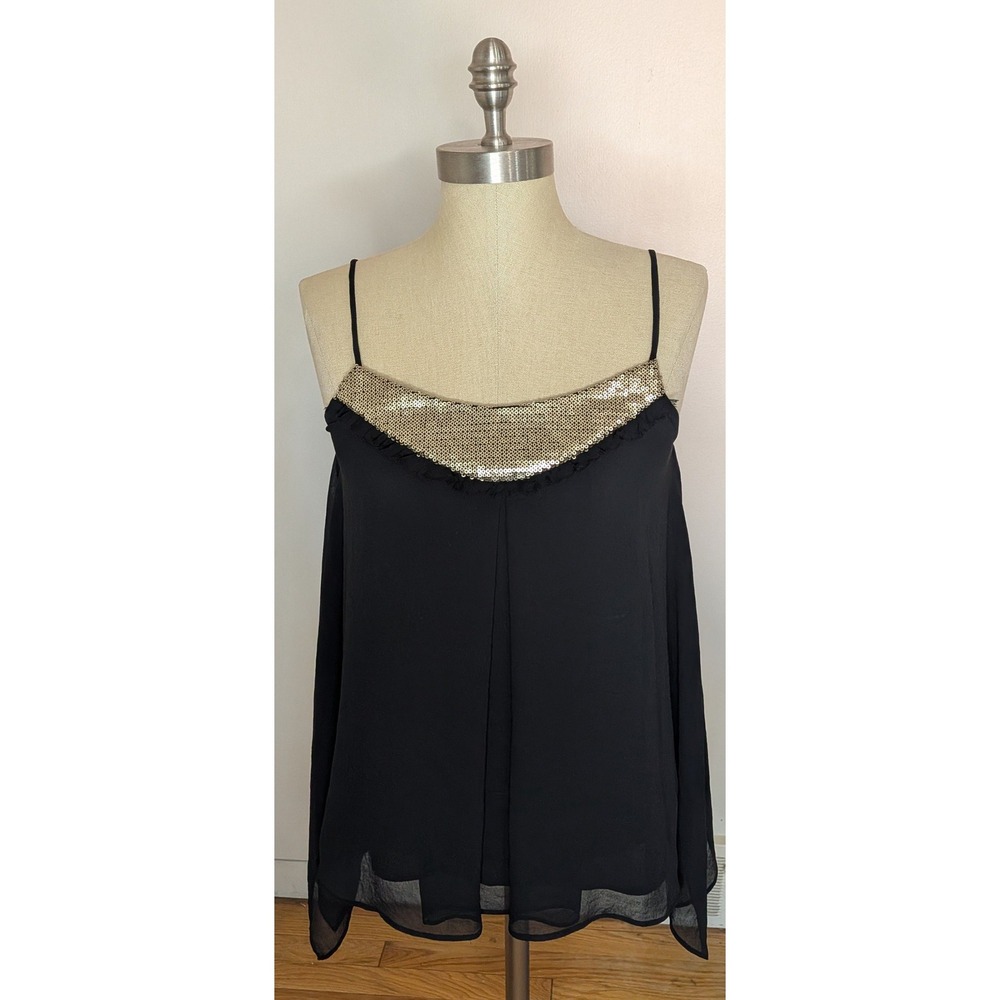 Y2K Express Black Gold Sequin Cami Tank Top Hanky Hem Small Indie Sleaze
